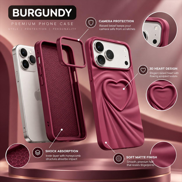 iPhone 3D Heart Burgundy Mobile Cover - Image 3